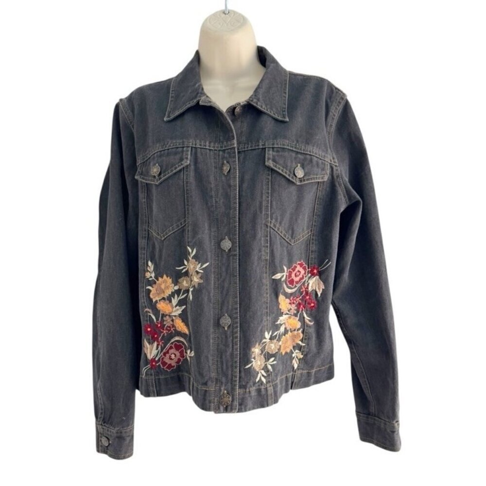 Coldwater Creek Woman's Sz M Black Denim Floral Embroidered Jacket Button Up